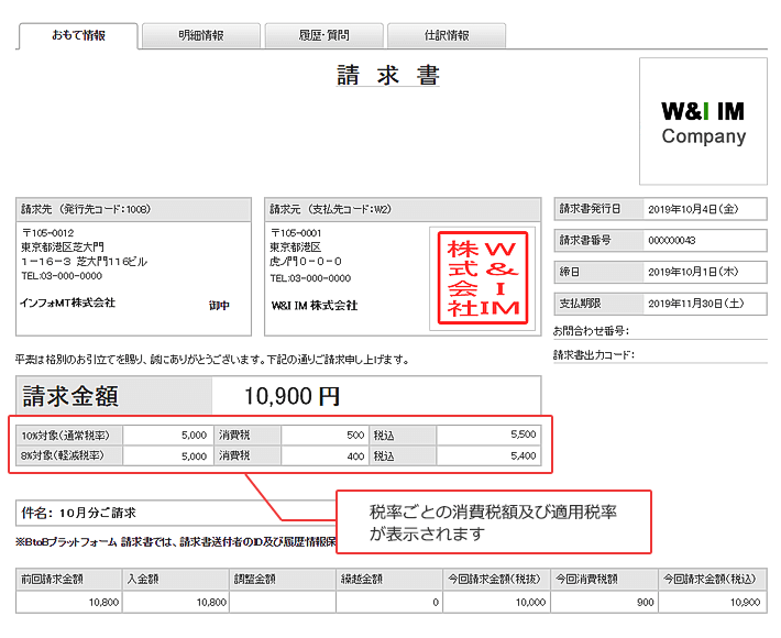 請求書に税率ごとの消費税額及び適用税率が表示されます